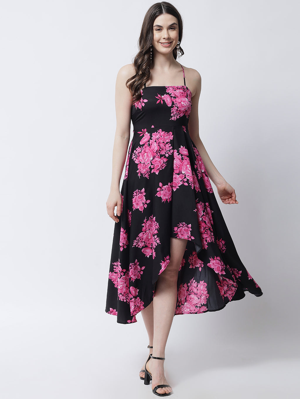 Black & Magenta Floral High-Low A-Line Dress