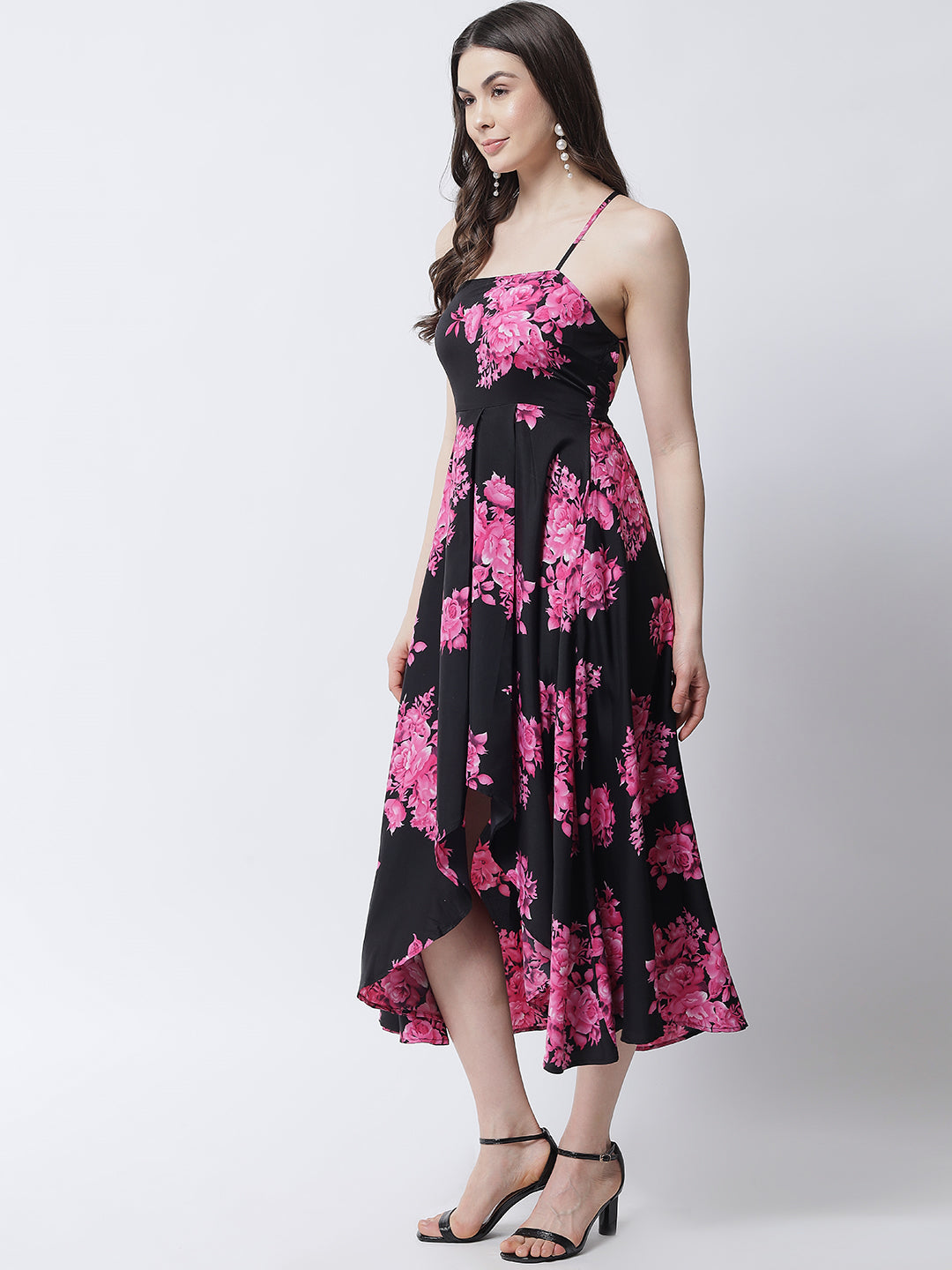 Black & Magenta Floral High-Low A-Line Dress