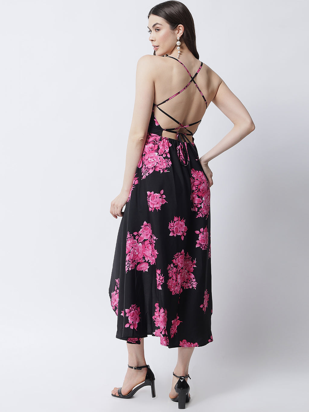 Black & Magenta Floral High-Low A-Line Dress