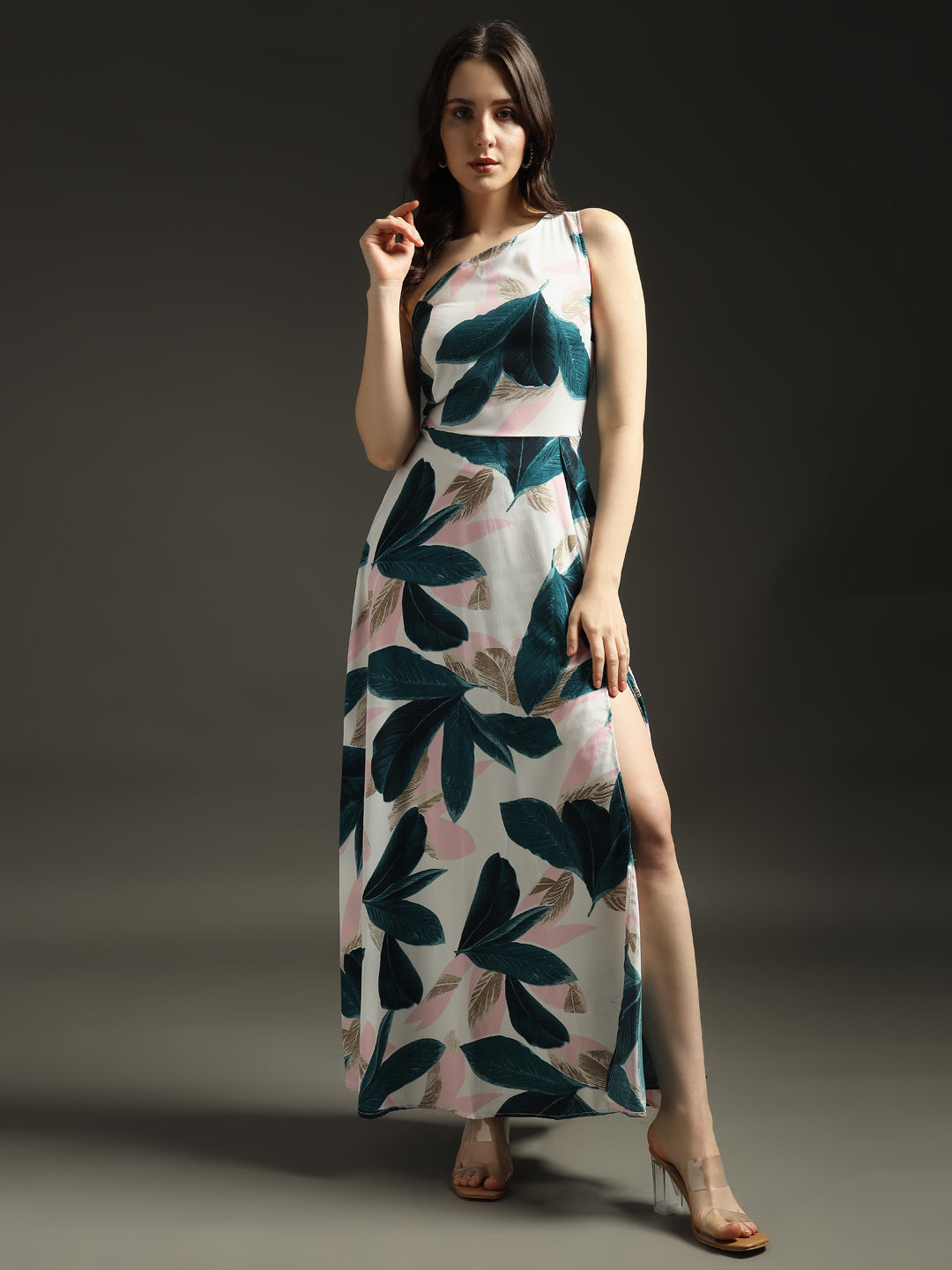 Green Petal One-Shoulder Maxi Dress with Slit