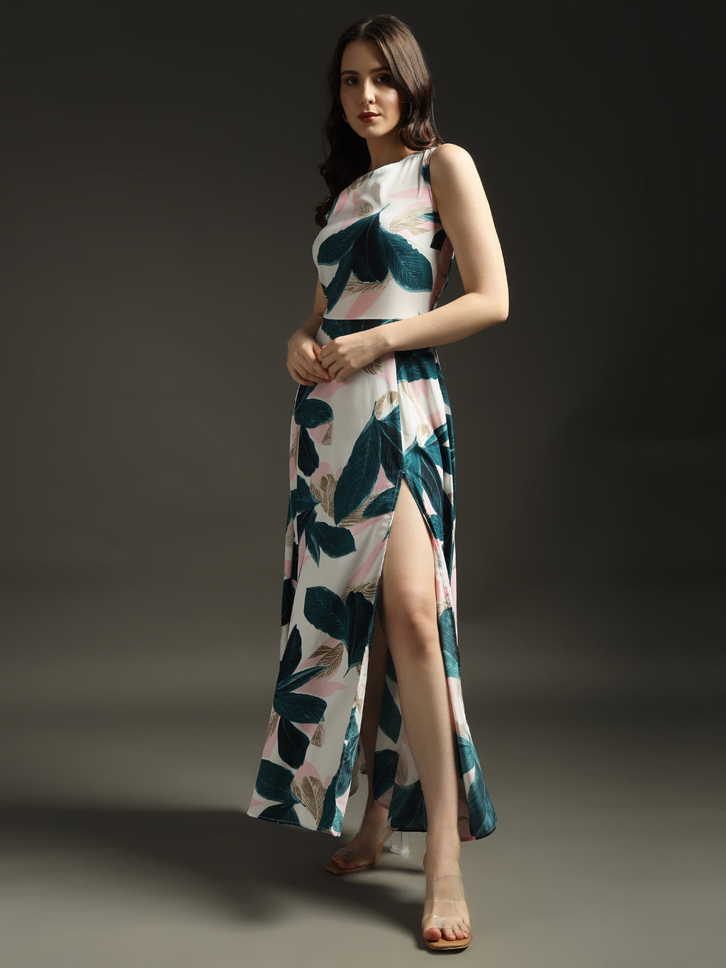 Green Petal One-Shoulder Maxi Dress with Slit