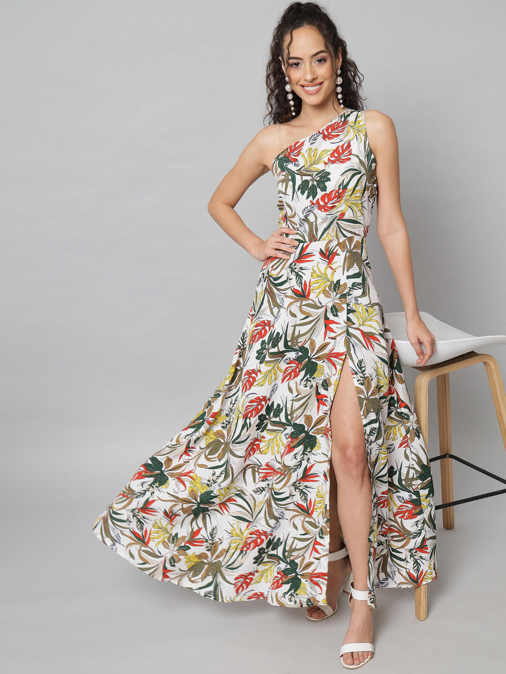 Tropical One-Shoulder Floral Maxi Dress