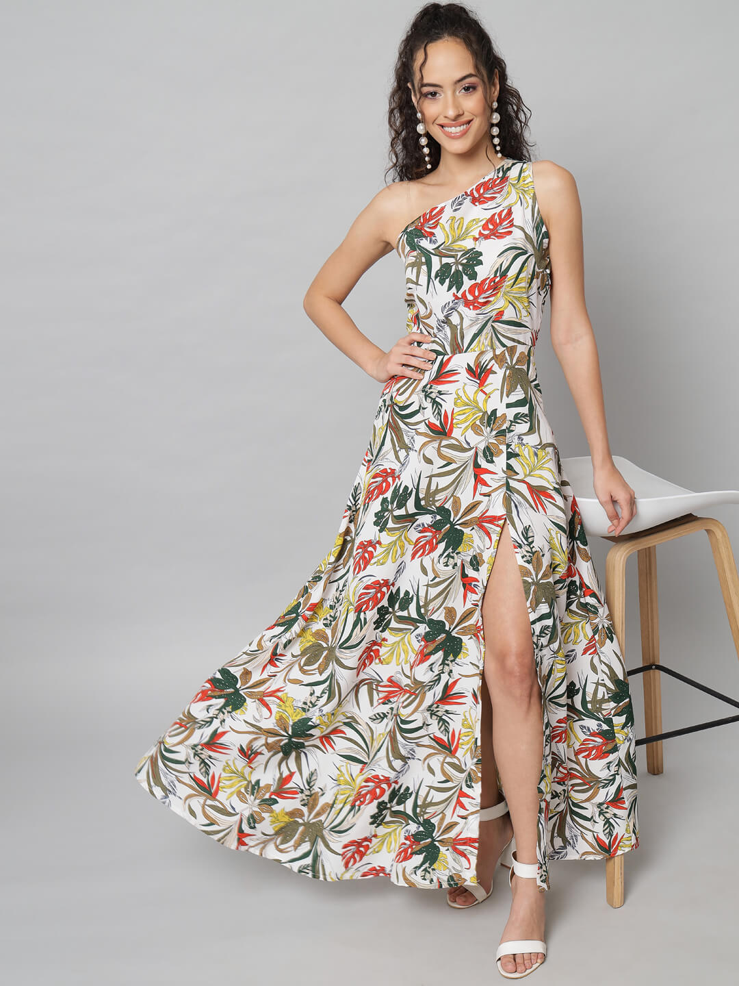 Tropical One-Shoulder Floral Maxi Dress