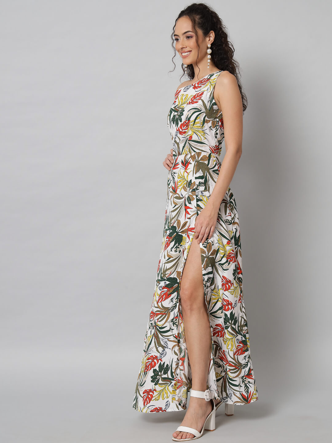 Tropical One-Shoulder Floral Maxi Dress