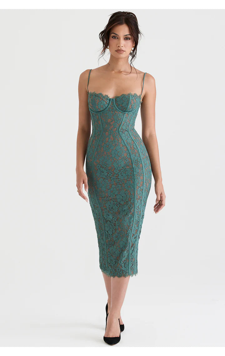Emerald Green Lace Bodycon Midi Dress