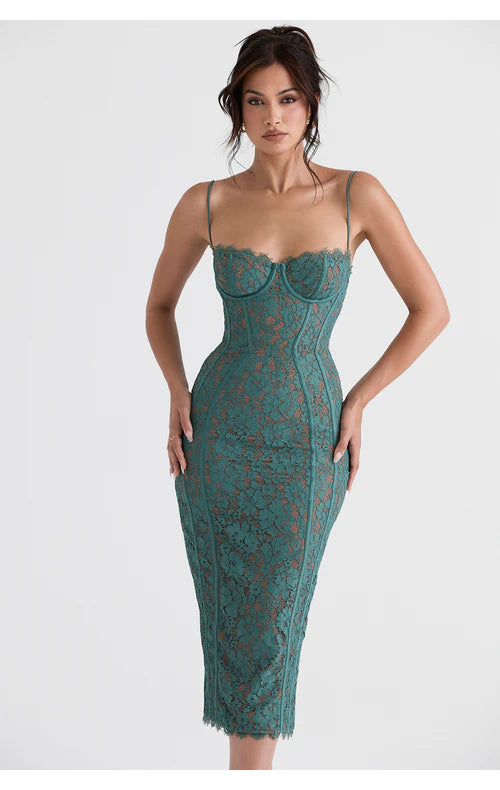 Emerald Green Lace Bodycon Midi Dress