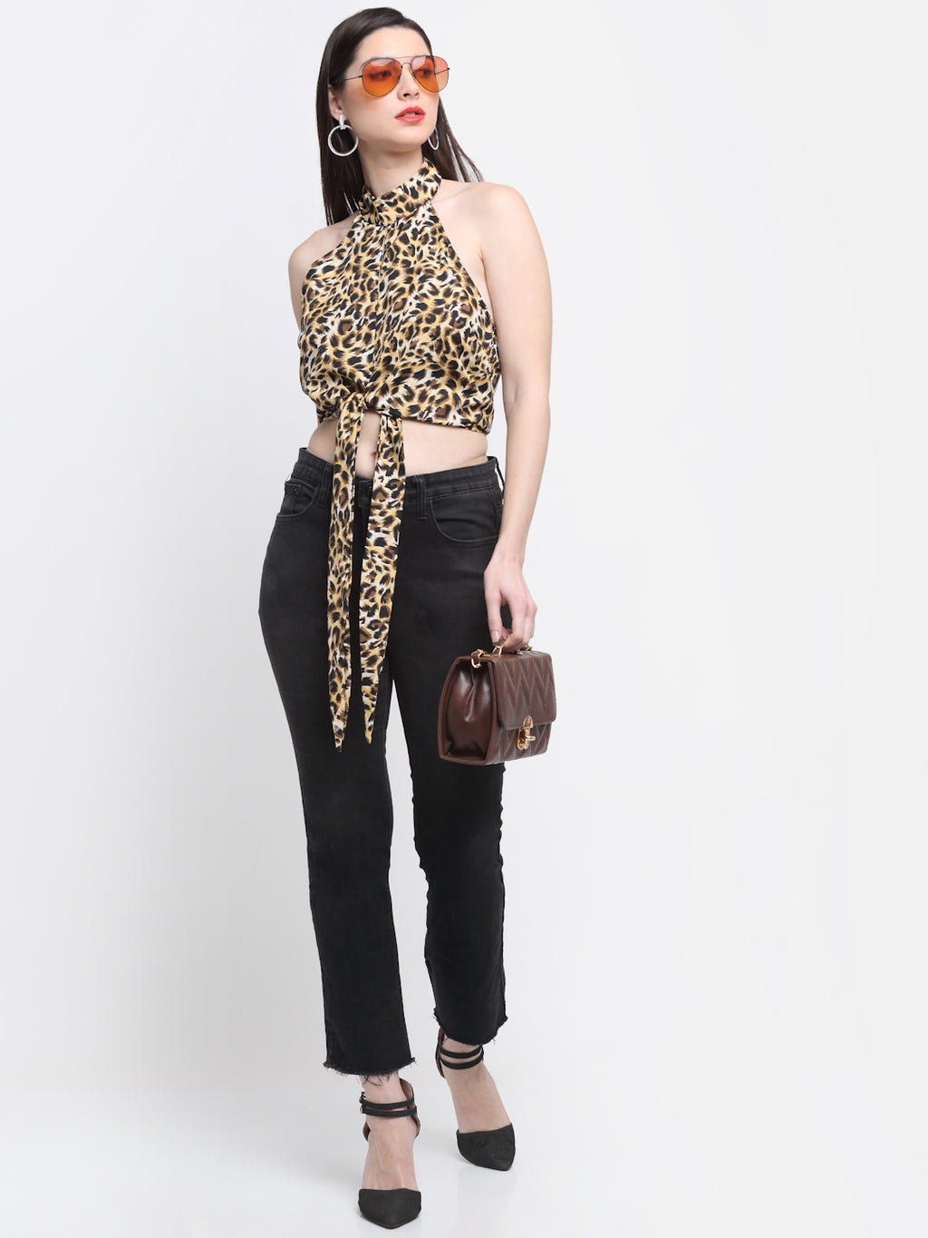 Leopard Print Halter-Neck Tie-Up Crop Top