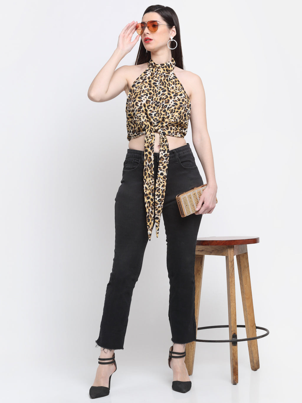 Leopard Print Halter-Neck Tie-Up Crop Top
