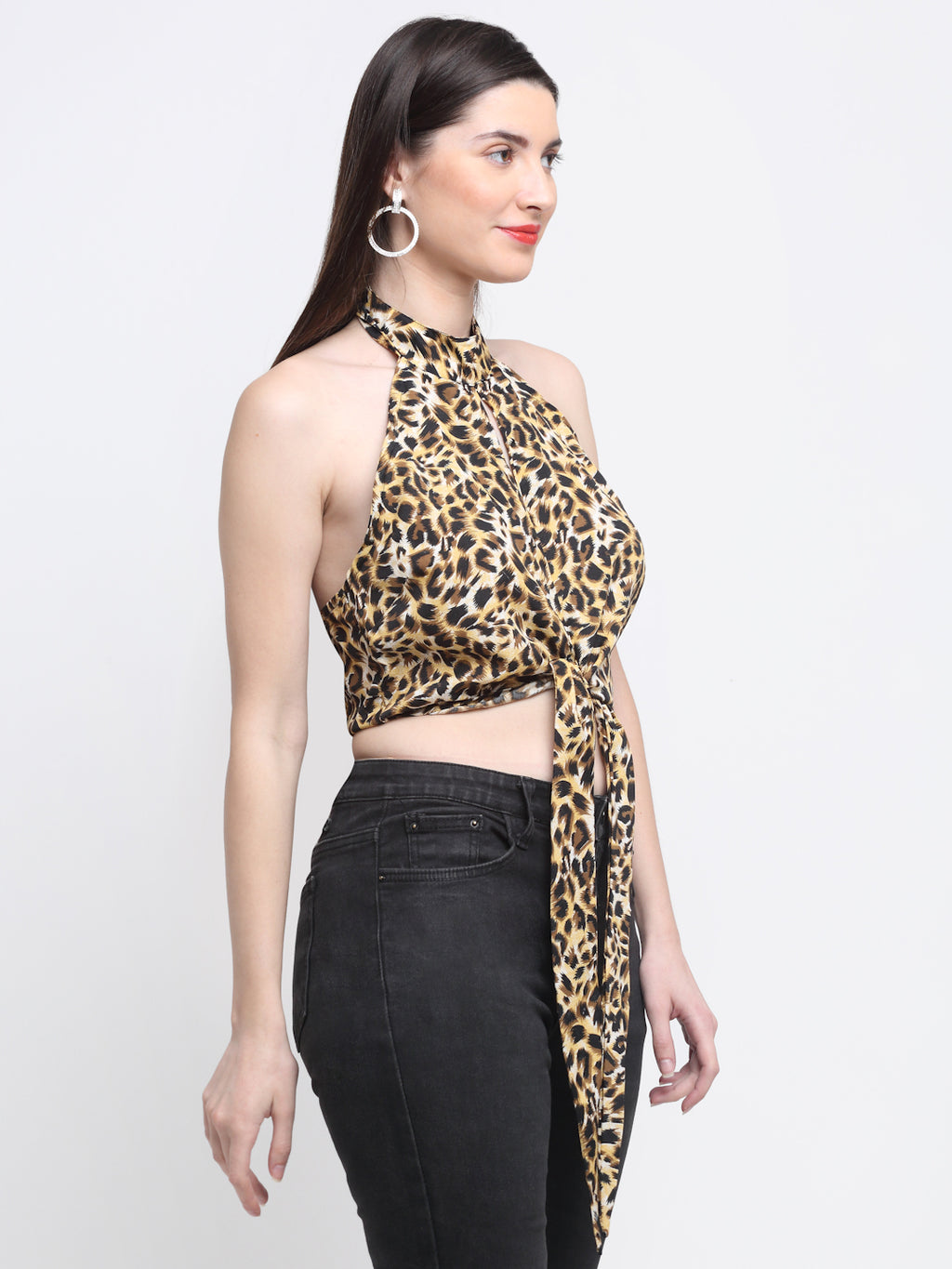 Leopard Print Halter-Neck Tie-Up Crop Top