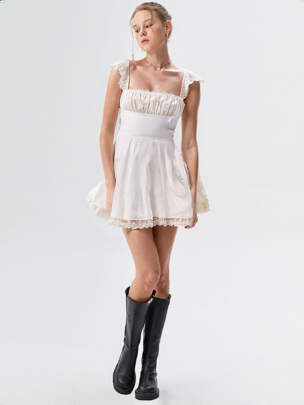 Elegant White Lace Sleeve A-Line Dress