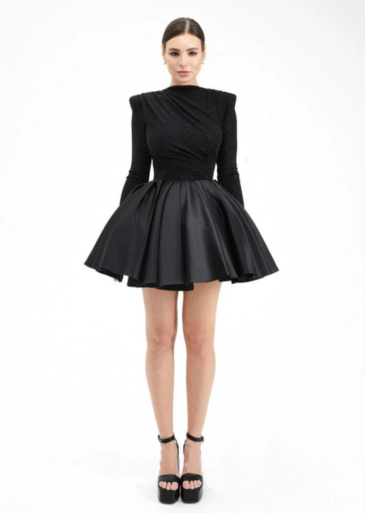 Elegant Black Satin Puff Mini Dress