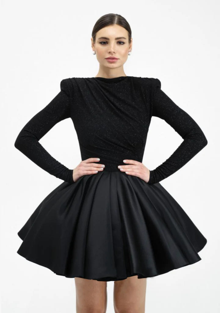 Elegant Black Satin Puff Mini Dress