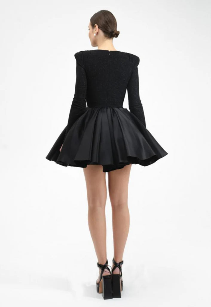 Elegant Black Satin Puff Mini Dress