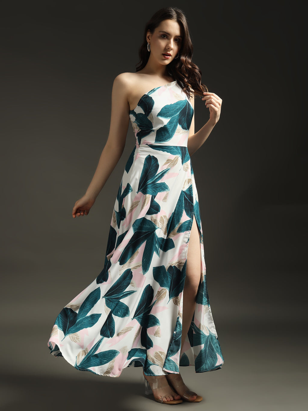 Green Petal One-Shoulder Maxi Dress with Slit