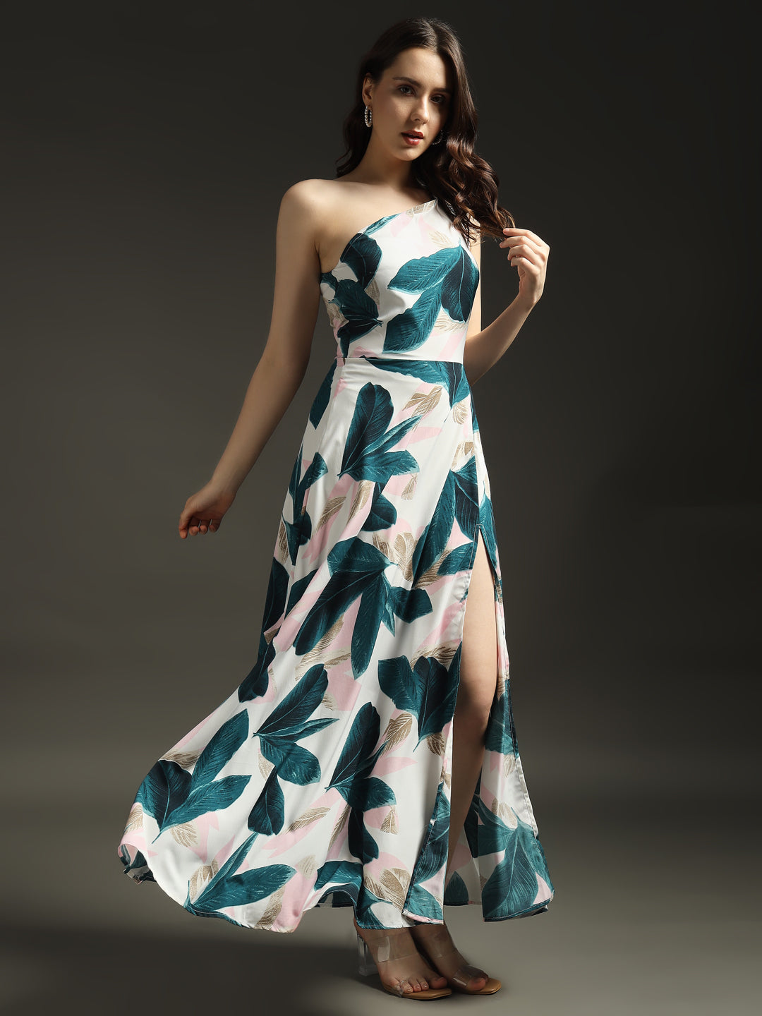 Green Petal One-Shoulder Maxi Dress with Slit