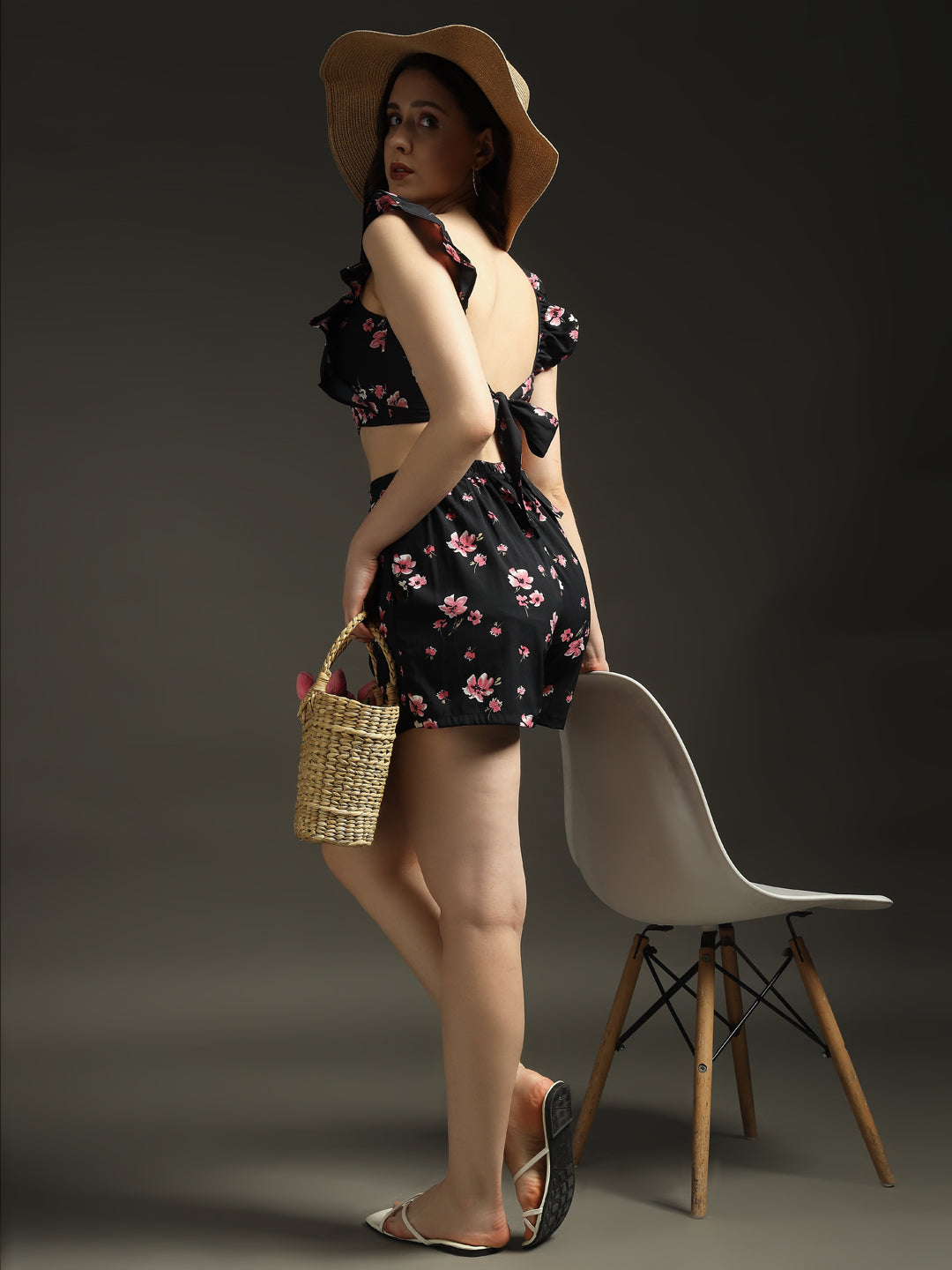 Black & Pink Floral Tie-Up Back Co-ords Set