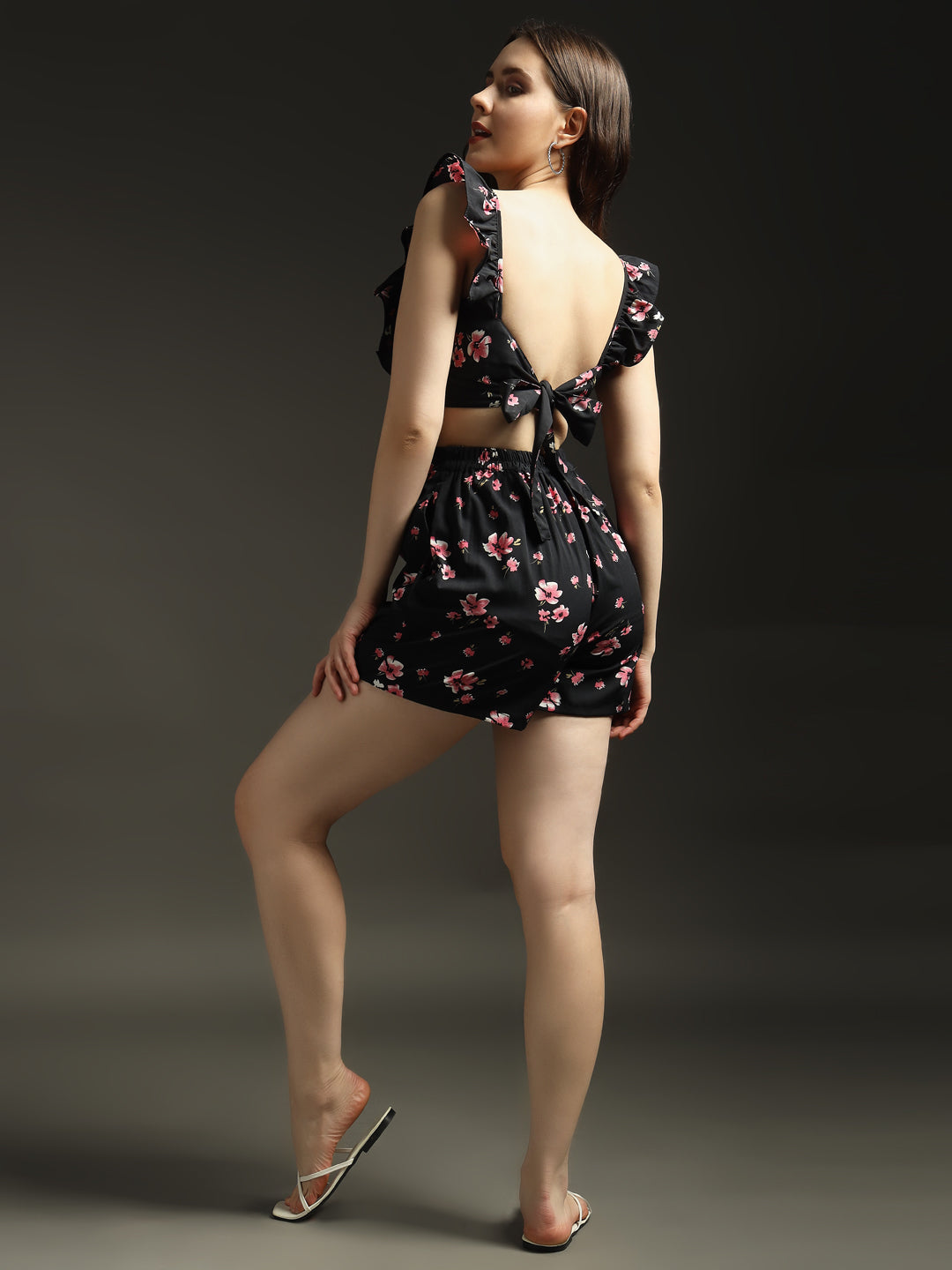 Black & Pink Floral Tie-Up Back Co-ords Set