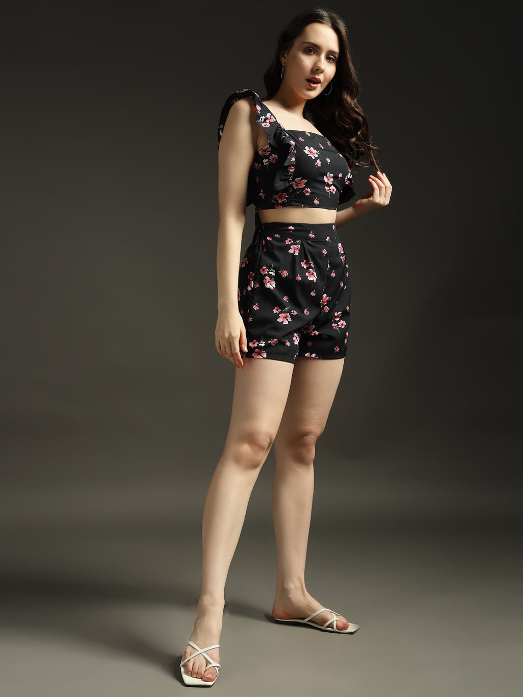 Black & Pink Floral Tie-Up Back Co-ords Set