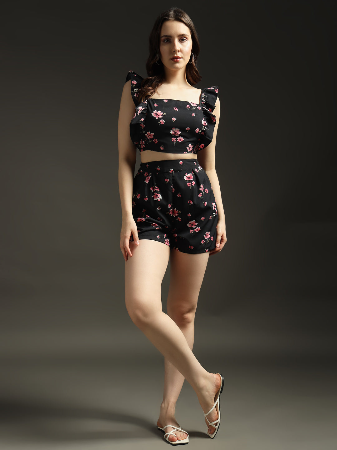 Black & Pink Floral Tie-Up Back Co-ords Set