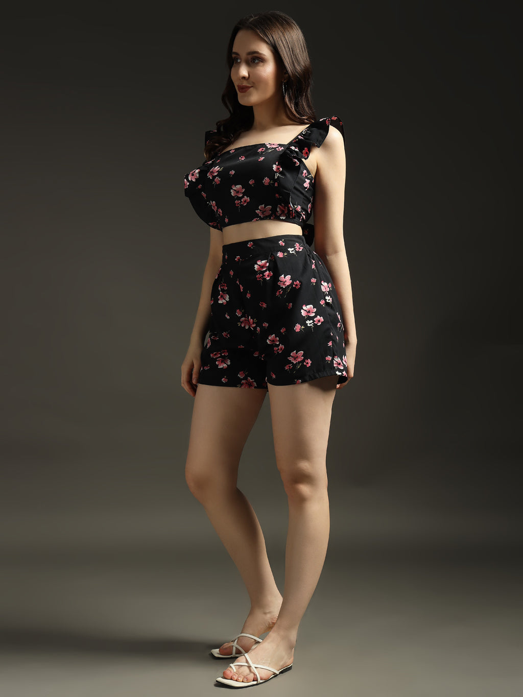 Black & Pink Floral Tie-Up Back Co-ords Set