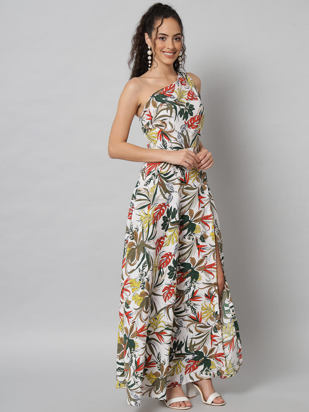 Tropical One-Shoulder Floral Maxi Dress